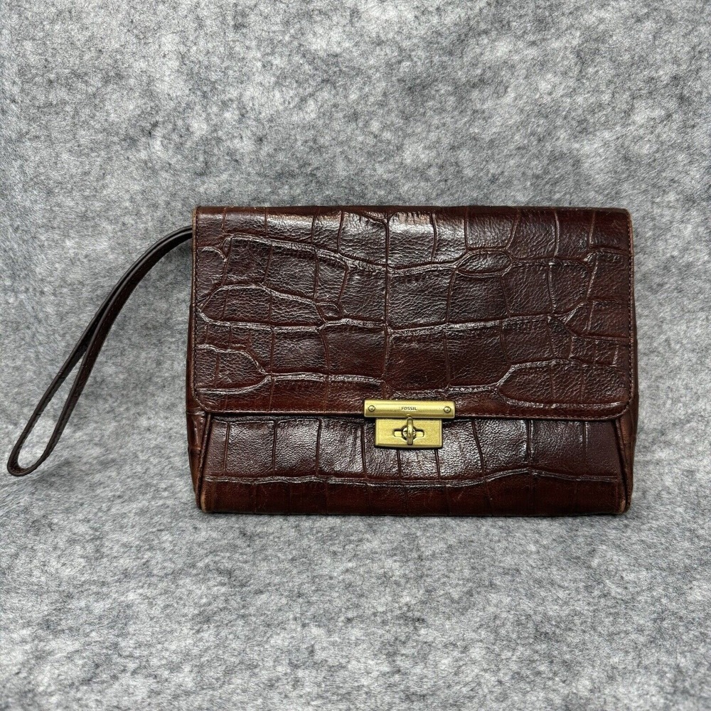 Vintage Fossil Leather Clutch Croc Embosssed Brown Handbag Twist Lock Wristlet
